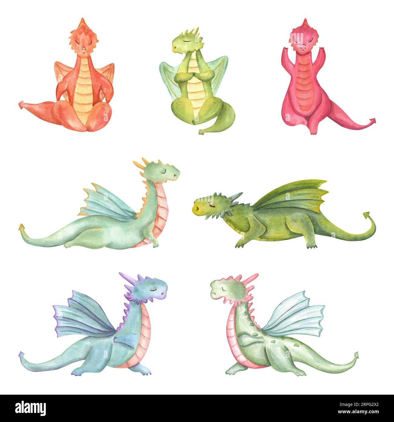 Set of stylish cartoon Dragons in various poses of yoga. Animal meditation. Colored Dragons practicing fitness exercises. Watercolor illustration Stock Photo