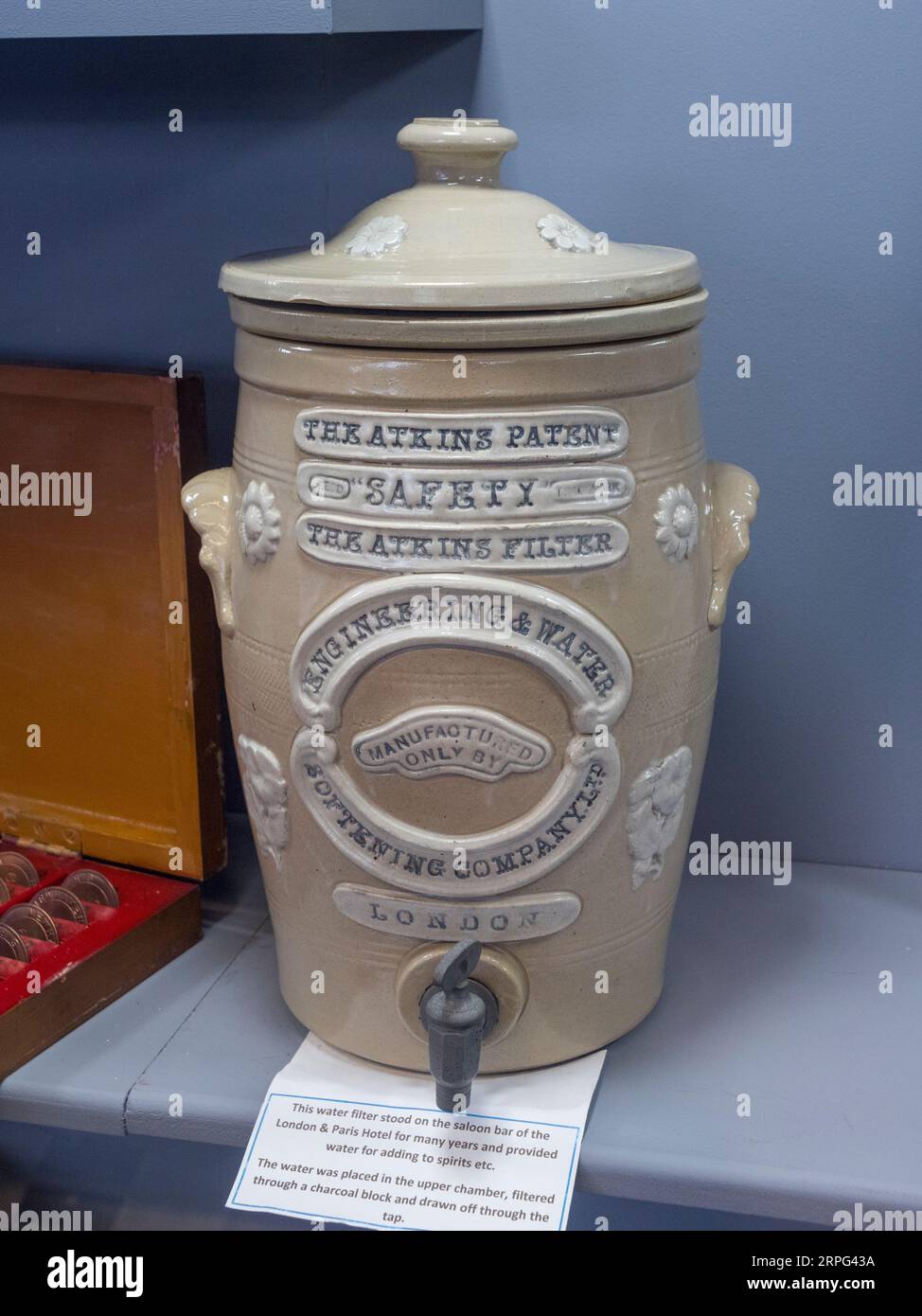 A water filter jar with charcoal filter (the Atkins Filter) on display in the Newhaven Museum