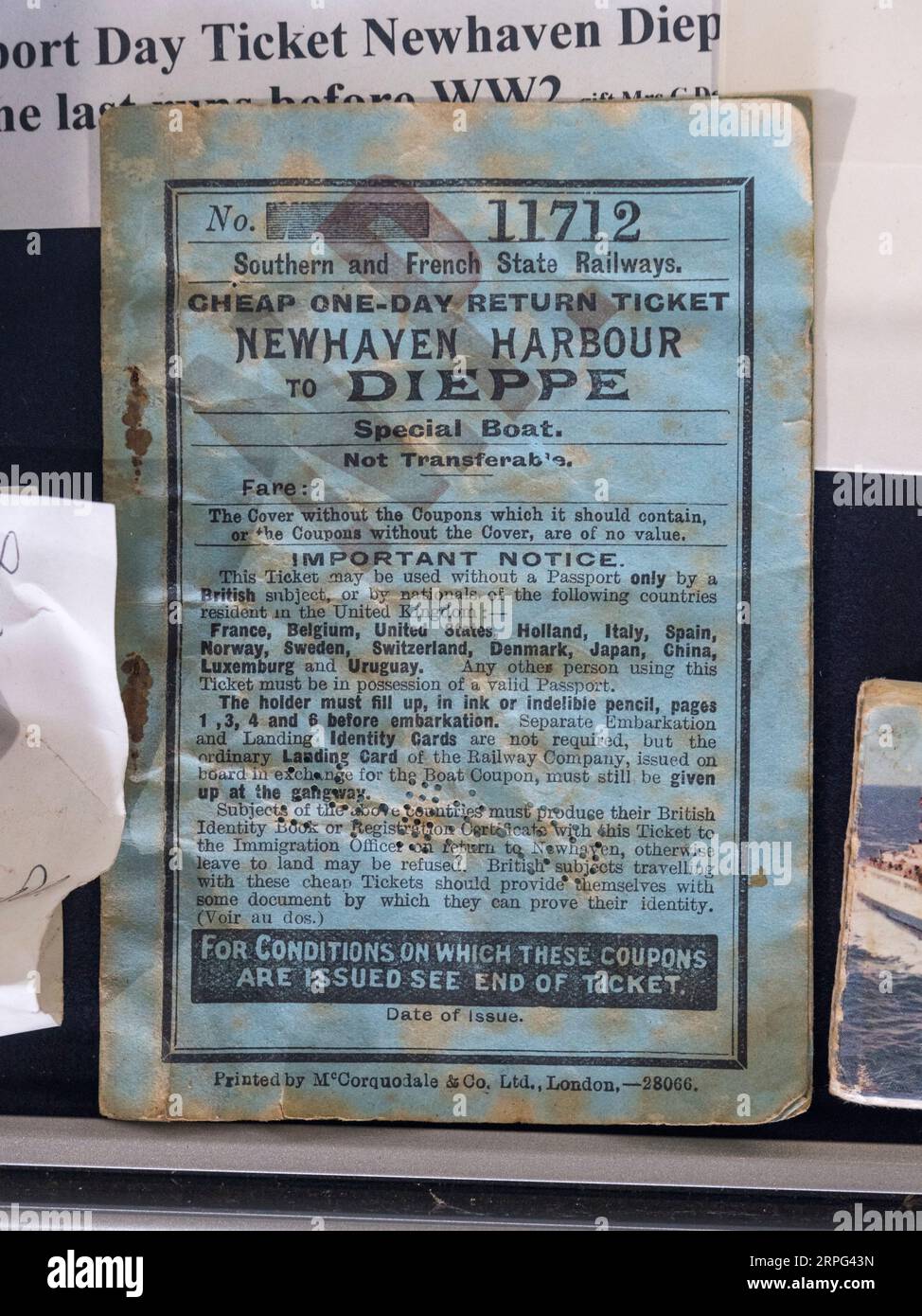 Pre-WWII Newhaven to Dieppe cheap one day return ticket on display in the Newhaven Museum, Newhaven, East Sussex, UK. Stock Photo