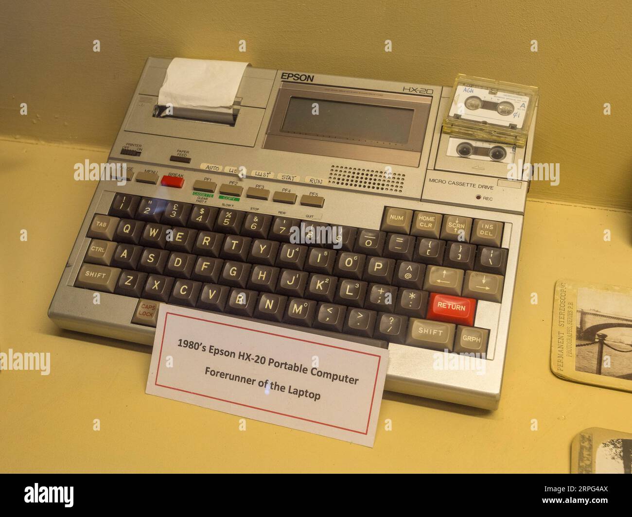 A 1980's Epson HX-20 portable computer on display in the Newhaven Museum, Newhaven, East Sussex, UK. Stock Photo