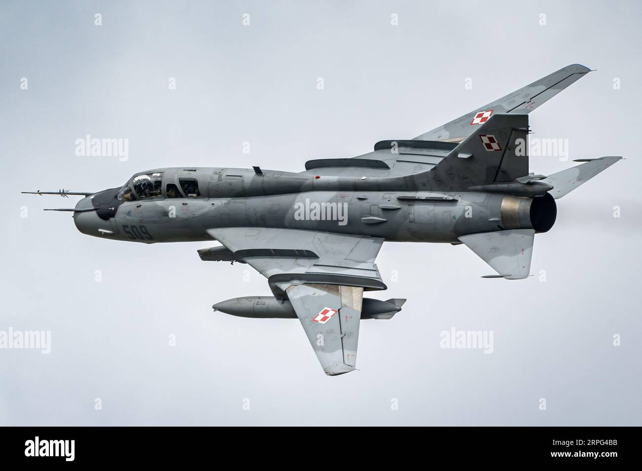 The Sukhoi Su-22 'Fitter' variable-sweep wing fighter-bomber of the Polish Air Force. Stock Photo