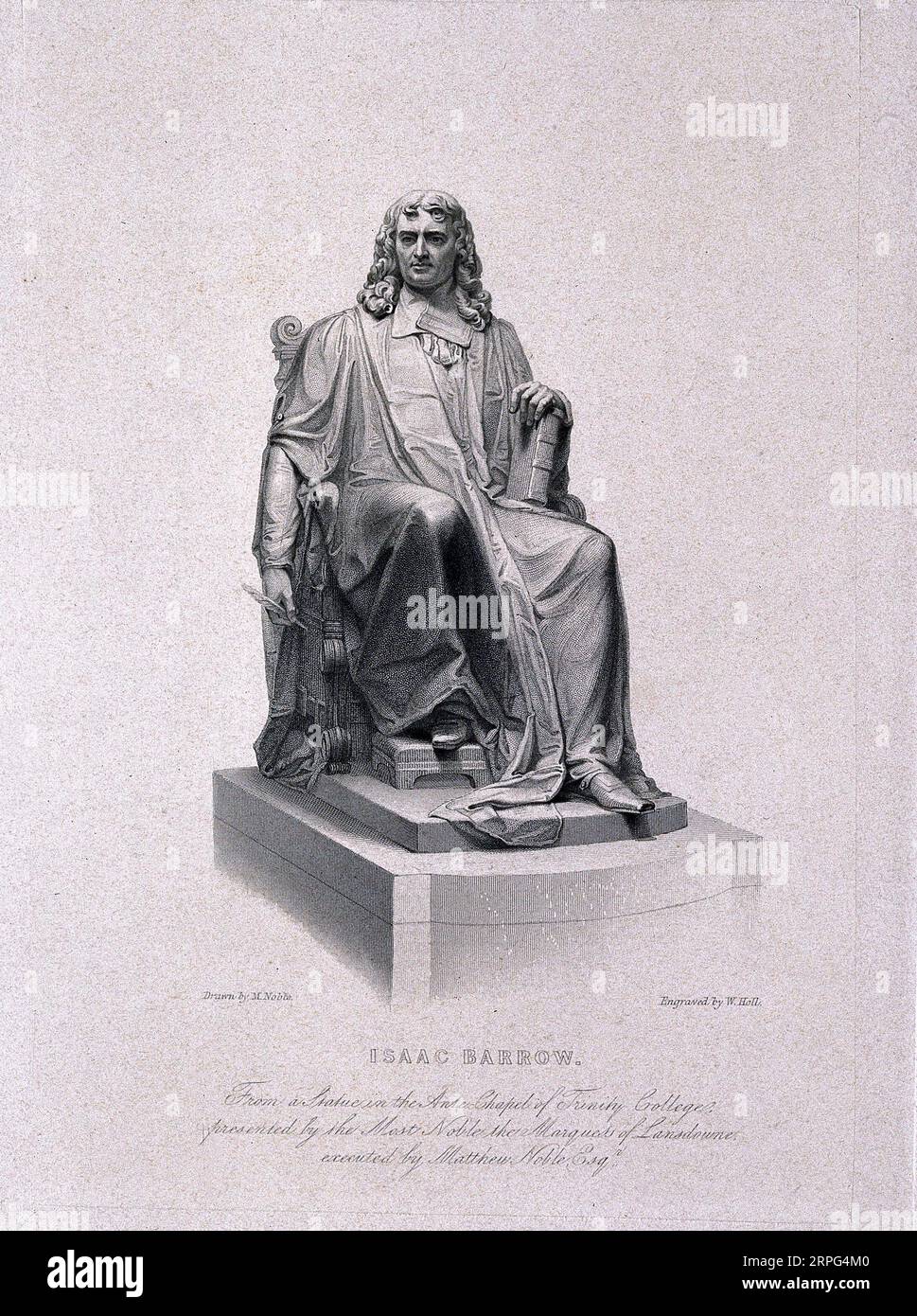 Isaac Barrow statue, 1630 – 1677, was an English Christian theologian and mathematician known for his early role in infinitesimal calculus, he was also the first holder of the Lucasian Professorship of Mathematics at Cambridge University, stipple engraving by W. Holl after Matthew Noble. Stock Photo
