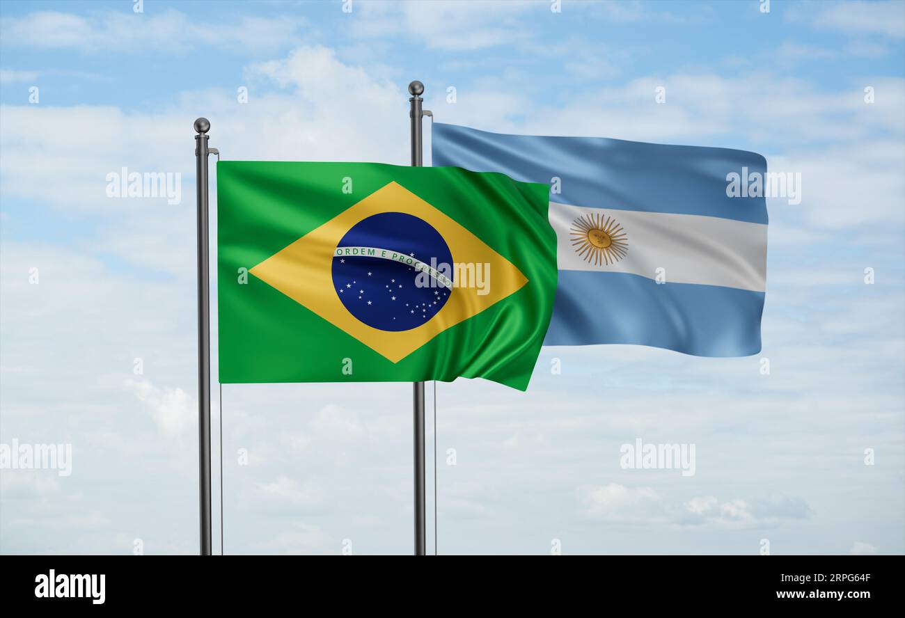 Argentina flag and Brazil flag waving together on blue sky, two country ...