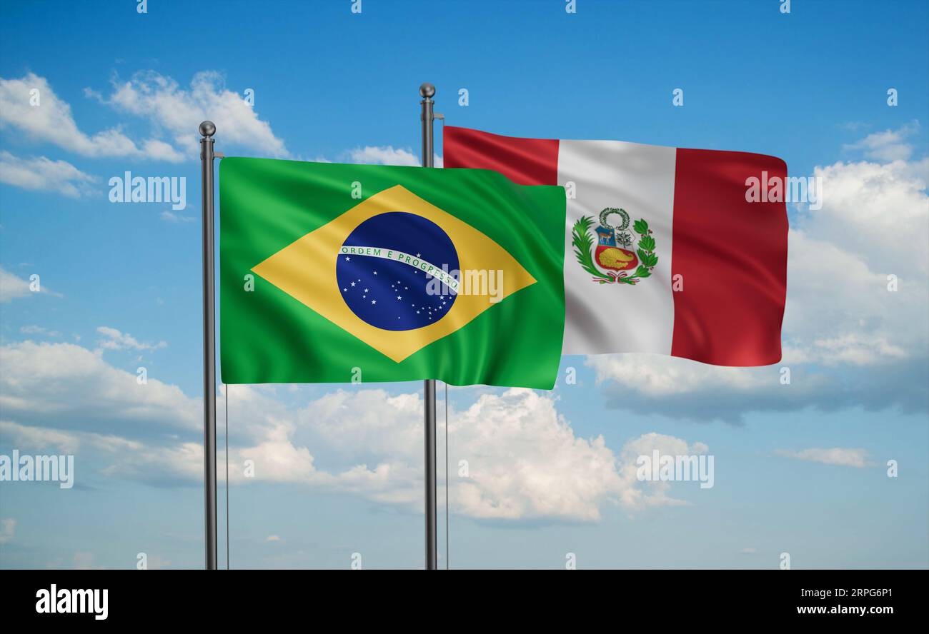 Peru and Brazil flag waving together in the wind on blue sky, two ...