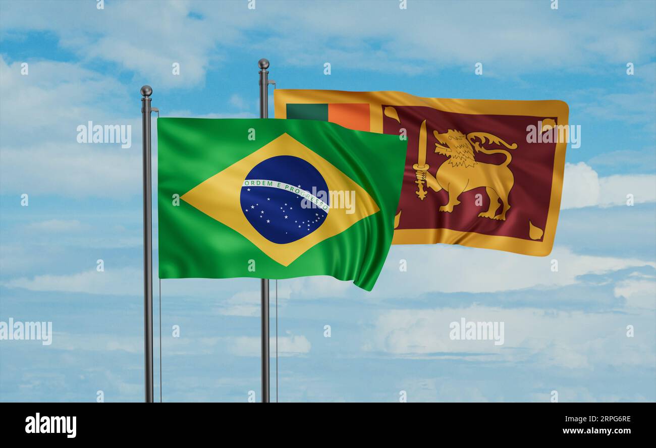 Sri Lanka and Brazil flag waving together in the wind on blue sky, two ...
