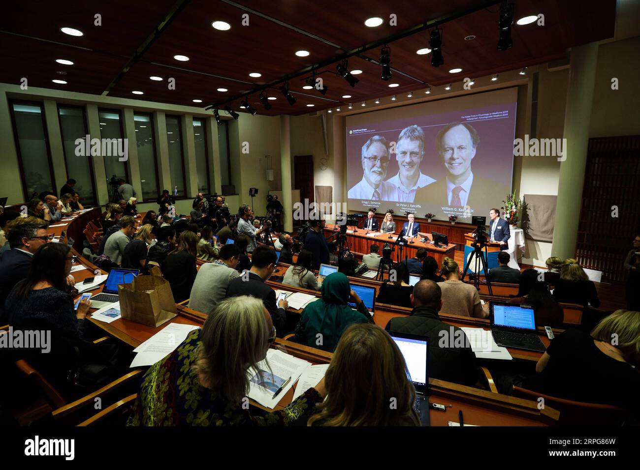 191007 -- STOCKHOLM, Oct. 7, 2019 -- Photo taken on Oct. 7, 2019 shows the announcement of the 2019 Nobel Prize in Physiology or Medicine at the Karolinska Institute in Stockholm, Sweden, Oct. 7, 2019. The prize was awarded jointly to William G. Kaelin Jr, Peter J. Ratcliffe and Gregg L. Semenza for their discoveries of how cells sense and adapt to oxygen availability, said the Nobel Assembly at the Karolinska Institute.  SWEDEN-STOCKHOLM-2019 NOBEL PRIZE ANNOUNCEMENT-PHYSIOLOGY OR MEDICINE ZhengxHuansong PUBLICATIONxNOTxINxCHN Stock Photo