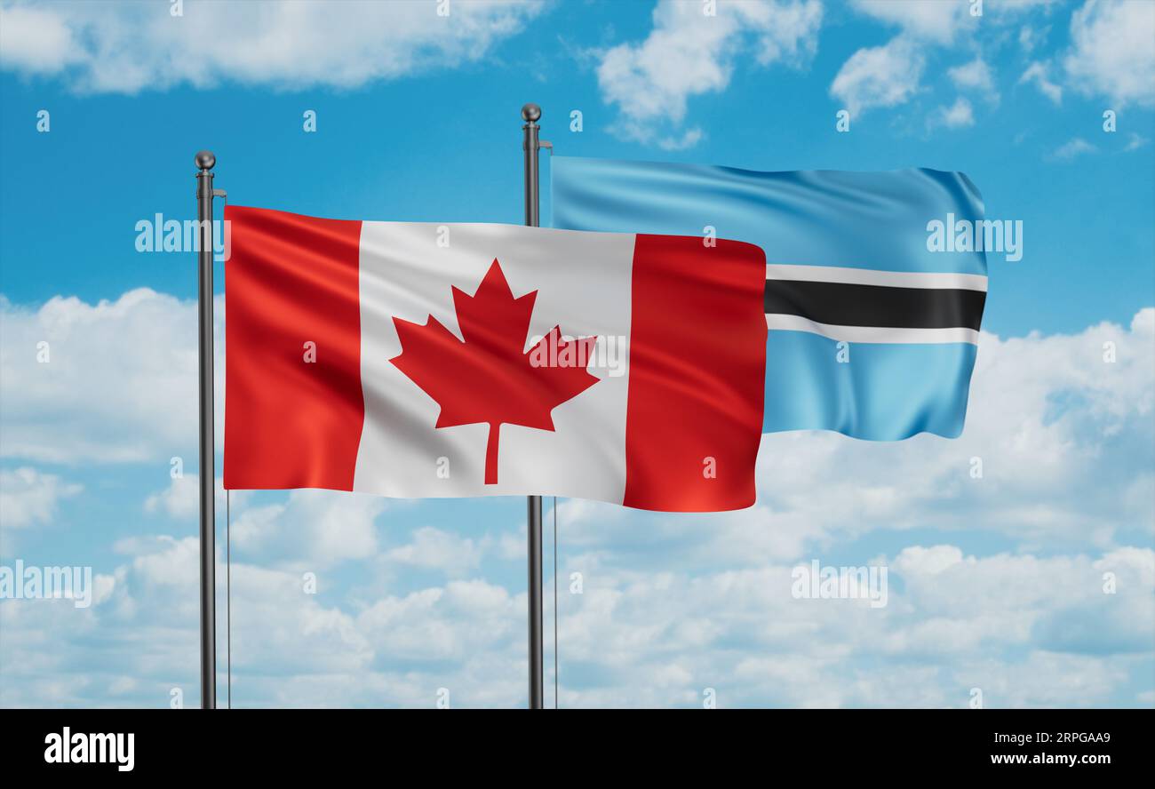 Botswana flag and Canada flag waving together on blue sky, two country ...