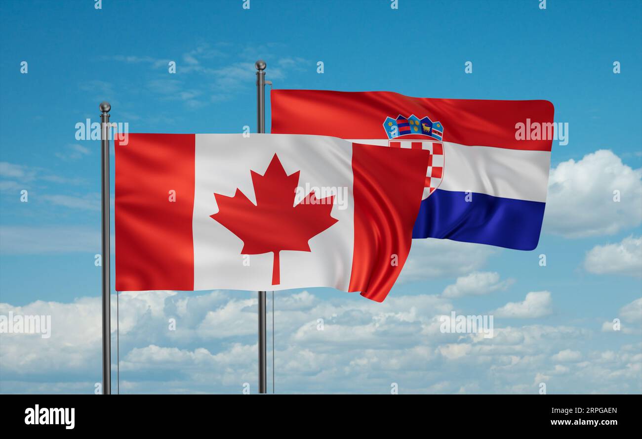 Croatia and Canada flag waving together in the wind on blue sky, two ...