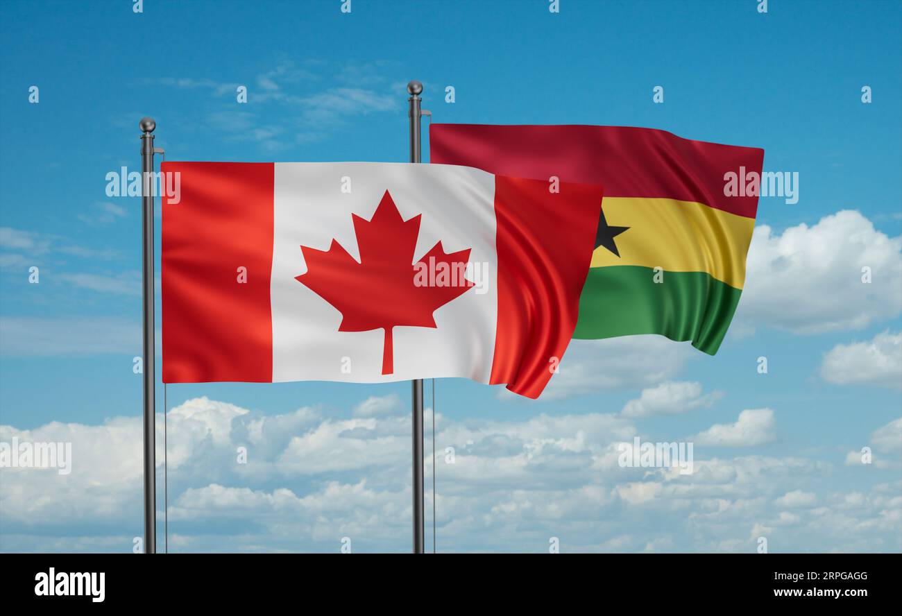 Ghana flag and Canada flag waving together on blue sky, two country cooperation concept Stock Photo