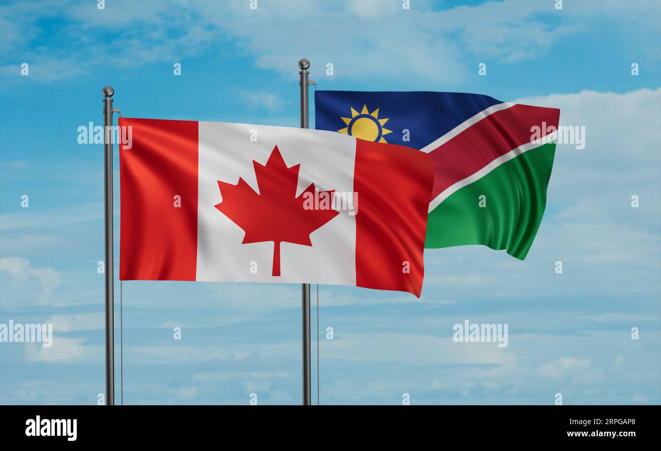Namibia and Canada flag waving together in the wind on blue sky, two ...