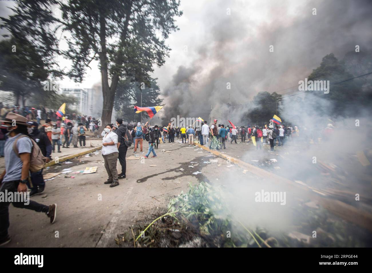 191013 -- QUITO, Oct. 13, 2019 -- Demonstrators participate in a protest in Quito, Ecuador, on Oct. 12, 2019. Ecuadorian President Lenin Moreno declared curfew and militarization of the Metropolitan District of Quito on Saturday after 10 days of anti-government protests. TO GO WITH:Ecuadorian president orders curfew, militarization in Quito ECUADOR-QUITO-LENIN MORENO-DECLARATION HaoxYunfu PUBLICATIONxNOTxINxCHN Stock Photo