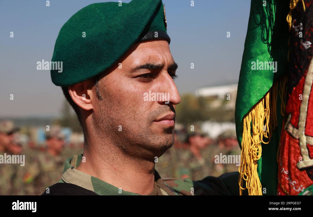 191013 -- KABUL, Oct. 13, 2019 -- An Afghan army soldier takes part in his graduation ceremony in Kabul, capital of Afghanistan, Oct. 13, 2019. A total of 1,232 youth after completion of a 12-week military training course and receiving certificates have been commissioned to the national army, said an army spokesman Barat Ali Rezai here on Sunday. Rahmatullah Alizadah AFGHANISTAN-KABUL-ARMY GRADUATION XinhuaxKabul PUBLICATIONxNOTxINxCHN Stock Photo