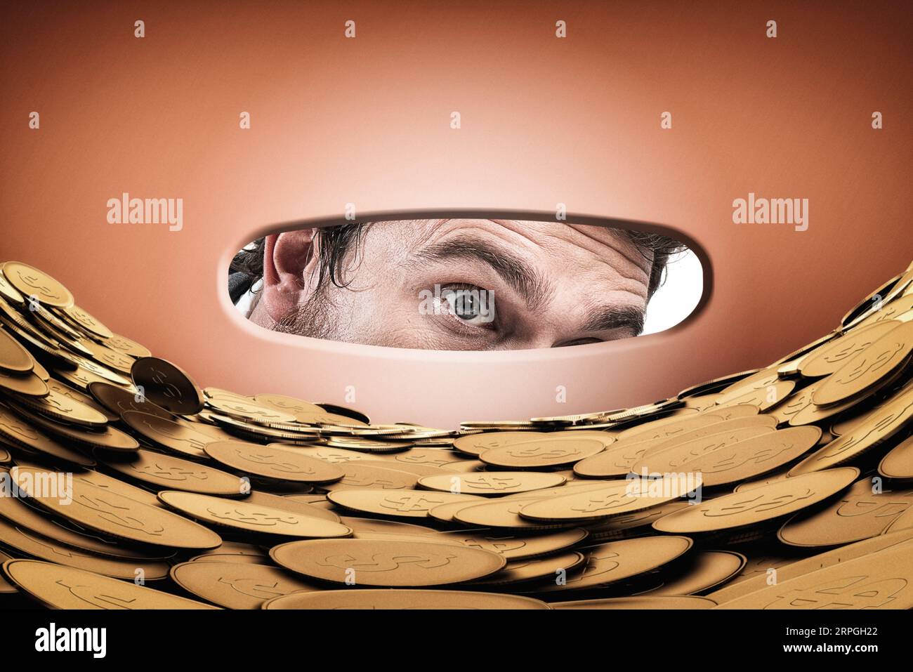Astonished man looks inside the piggy bank with a magnifying Stock ...