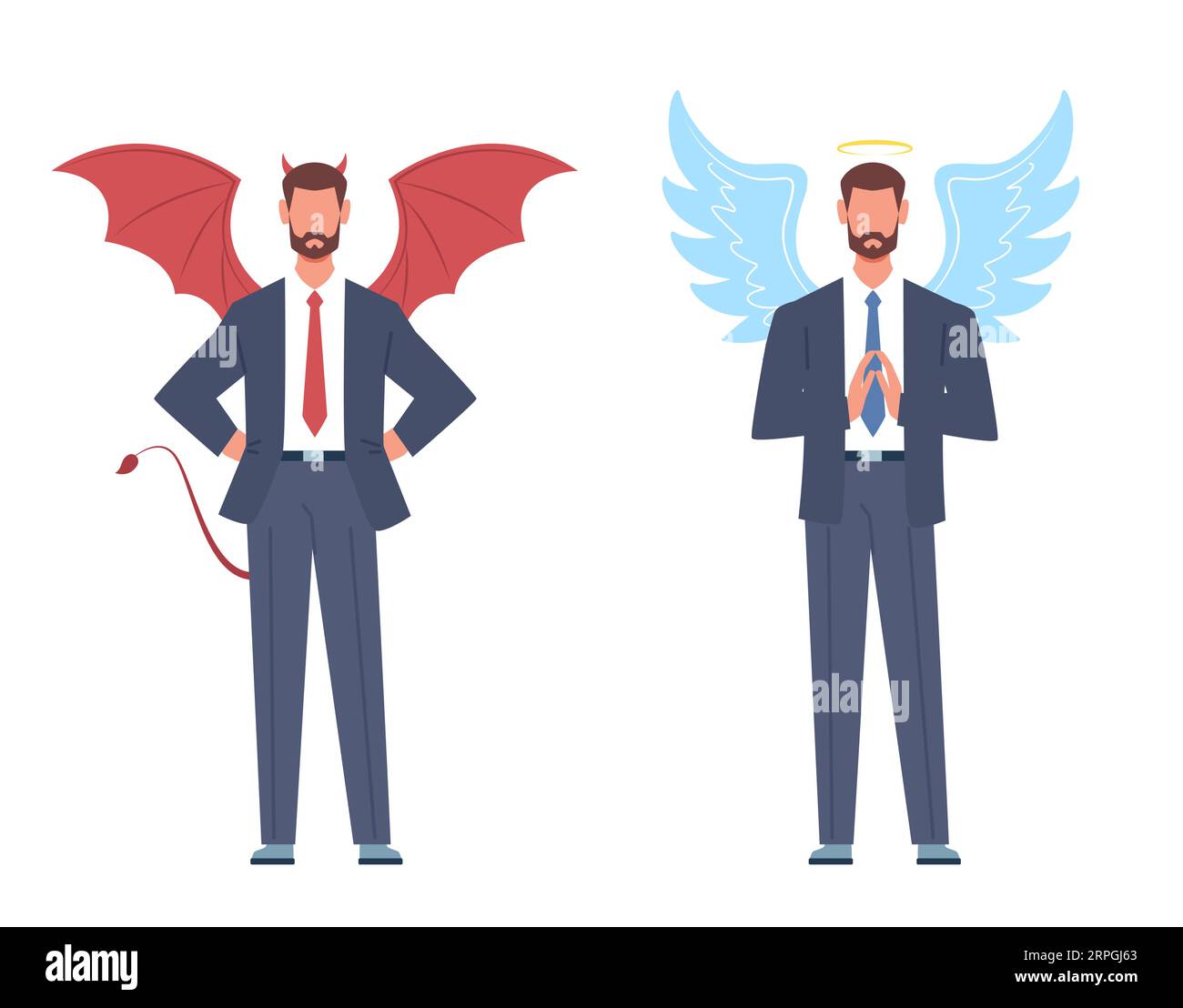 Concept of opposites, good and bad, businessman as angel and devil