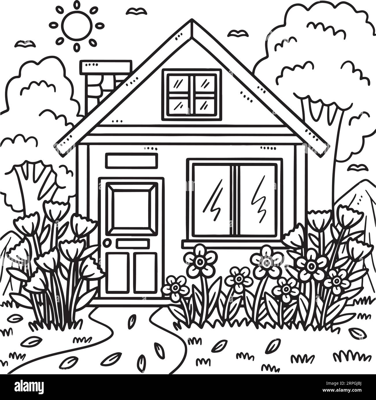 spring-house-with-garden-coloring-page-for-kids-vector-image-stock