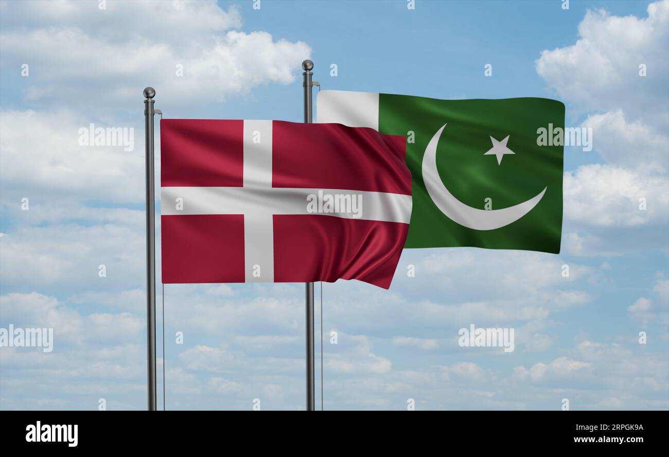 Pakistan Flag And Denmark Flag Waving Together On Blue Sky Two Country 