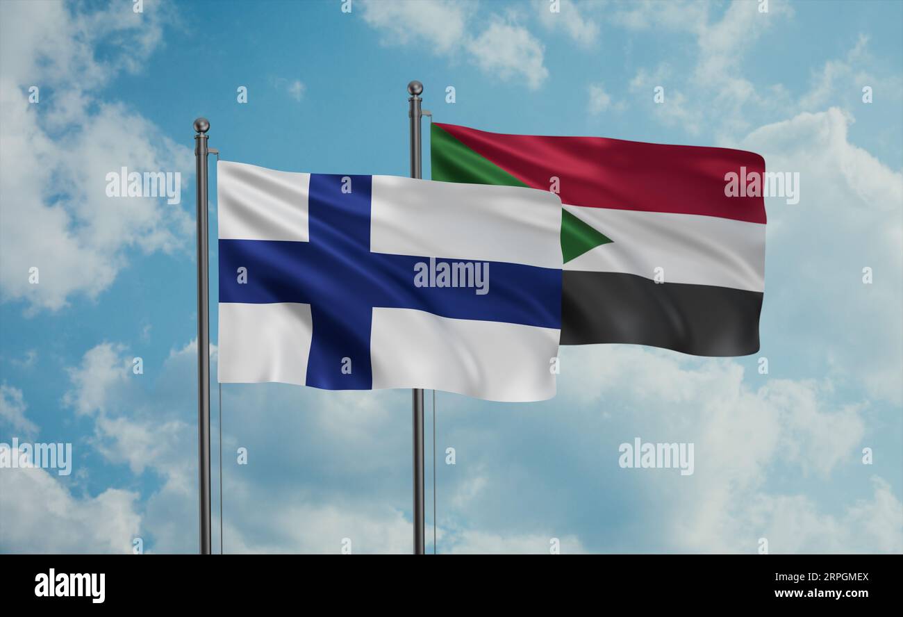 Sudan and Finland flag waving together in the wind on blue sky, two ...