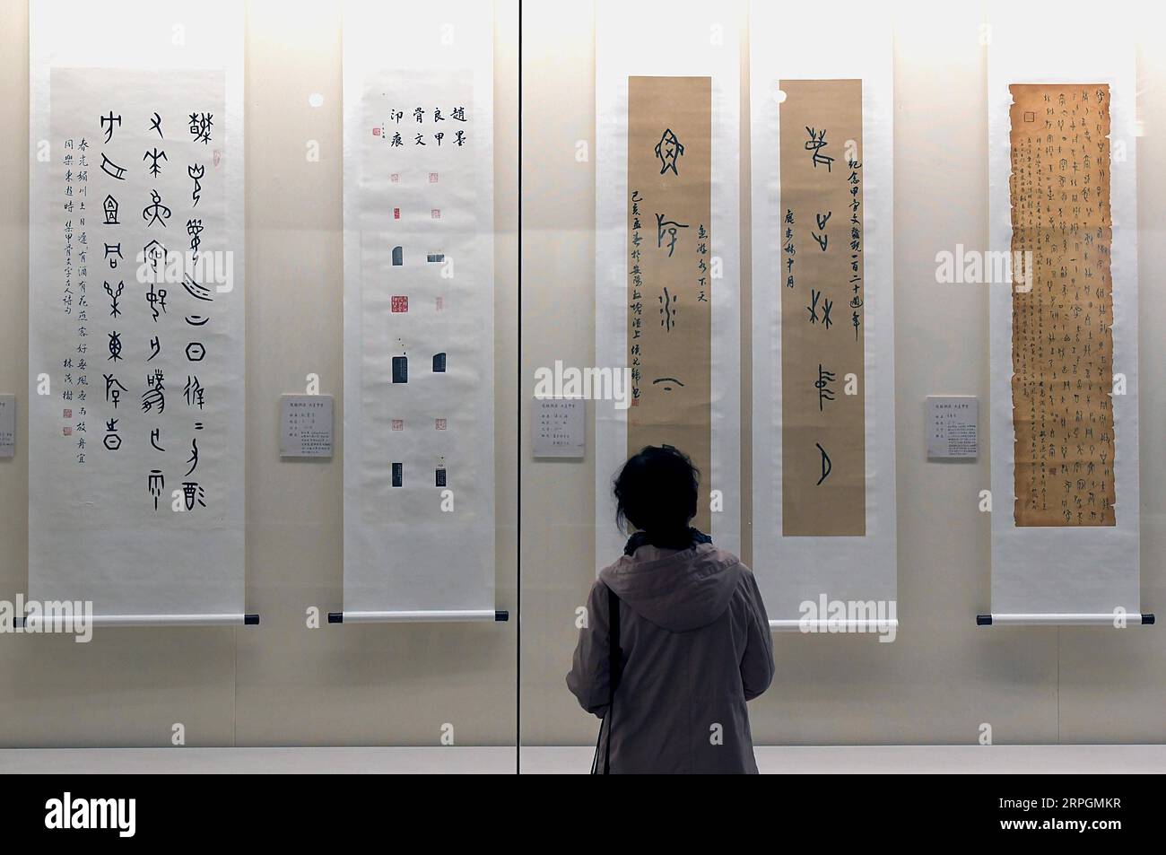 191018 -- ANYANG, Oct. 18, 2019 -- A visitor views oracle bone inscription exhibits during an exhibition held at National Museum of Chinese Writing in Anyang, central China s Henan Province, Oct. 18, 2019. An exhibition themed oracle bone inscriptions kicked off Friday in Anyang, where oracle bone inscriptions were unearthed, to commemorate the 120th anniversary of the discovery of oracle bone inscriptions. Jiaguwen, or oracle bone inscriptions, are an ancient Chinese language named for their inscriptions on tortoise shells and animal bones. They are a primitive form of Chinese characters and Stock Photo