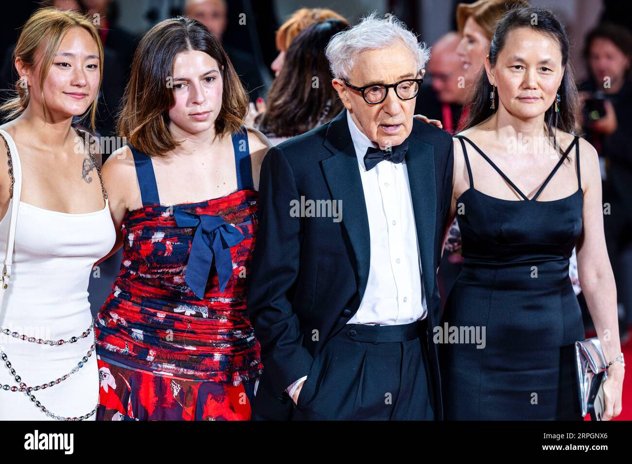 Venice, Italy. September 4th, 2023. Bechet Allen, Manzie Allen, Woody Allen, and Soon-Yi Previn arrives at the premiere of Coup de chance at Sala Grande at the 80th Venice International Film Festival.   Credit: Euan Cherry/Alamy Live News Stock Photo