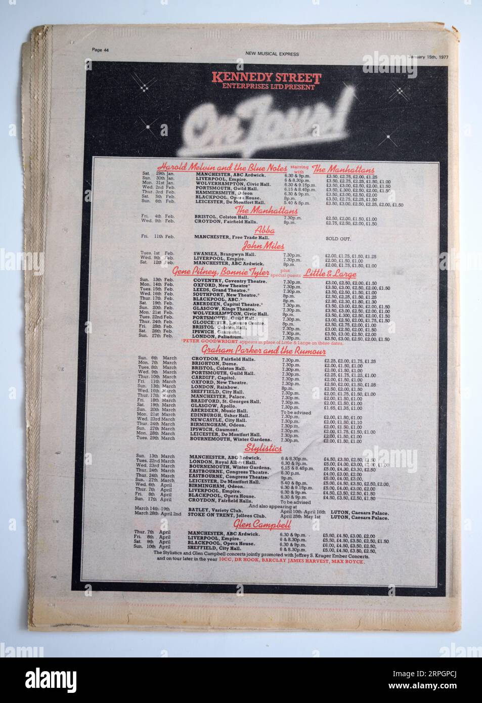 Back Page of 1970s New Music Express NME advertsing Kennedy Street Enterprises Tour Dates for Various Pop and Rock Groups Stock Photo