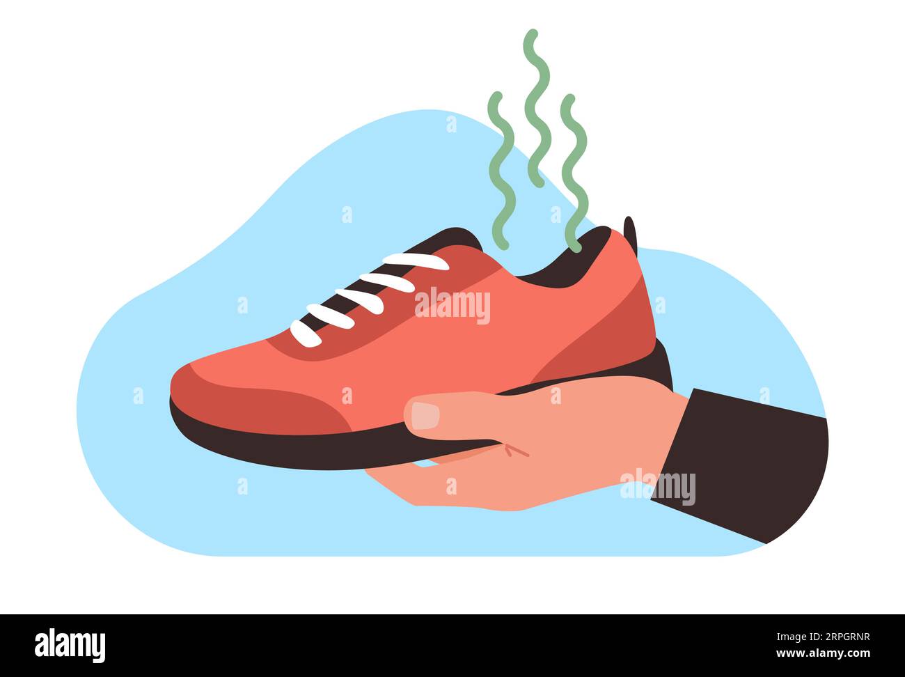 Man holds his shoes in his hand with very bad and unpleasant odor. Smelly shoe, dirt sneakers, mens old boots. Cleaning service image. Cartoon flat st Stock Vector