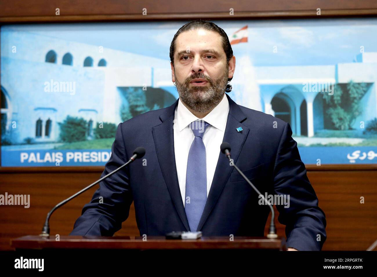 News Bilder des Tages 191021 -- BEIRUT, Oct. 21, 2019 Xinhua -- Lebanese Prime Minister Saad Hariri speaks at a press conference in Beirut, Lebanon, on Oct. 21, 2019. Saad Hariri announced on Monday his long-awaited economic plan following five days of nationwide demonstrations against the government s policies, Al Manar local TV Channel reported. Dalati & Nohra/Handout via Xinhua LEBANON-BEIRUT-PM-ECONOMIC PLAN-NATIONWIDE PROTEST PUBLICATIONxNOTxINxCHN Stock Photo
