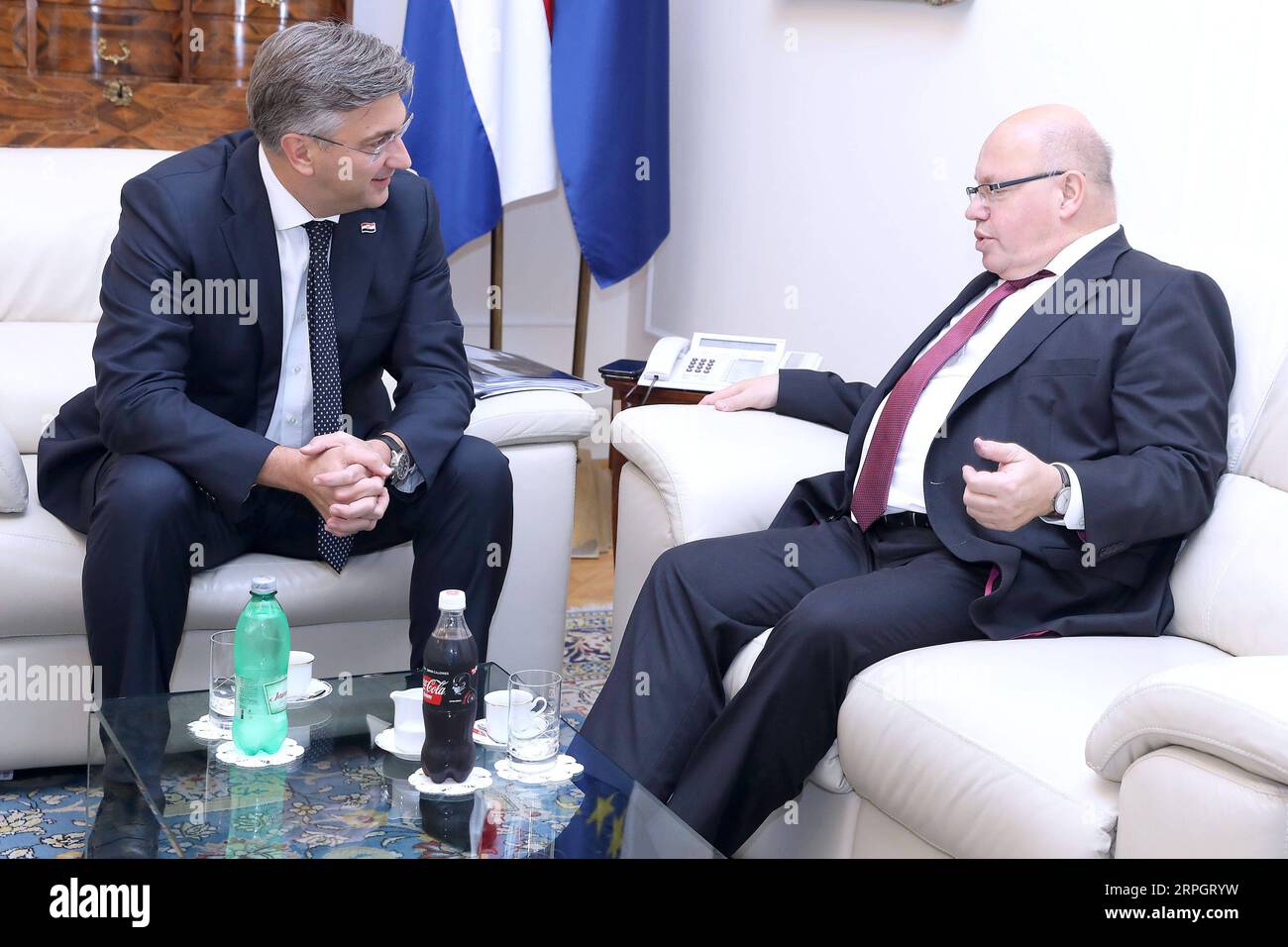 191021 -- ZAGREB, Oct. 21, 2019 Xinhua -- Croatian Prime Minister Andrej Plenkovic L meets with German Federal Minister for Economic Affairs and Energy Peter Altmaier in Zagreb, Croatia, Oct. 21, 2019. Andrej Plenkovic said here on Monday that Germany is Croatia s most important economic partner and the doors are still open to German investors. Patrik Macek/Pixsell via Xinhua CROATIA-ZAGREB-GERMANY-PETER ALTMAIER-VISIT PUBLICATIONxNOTxINxCHN Stock Photo