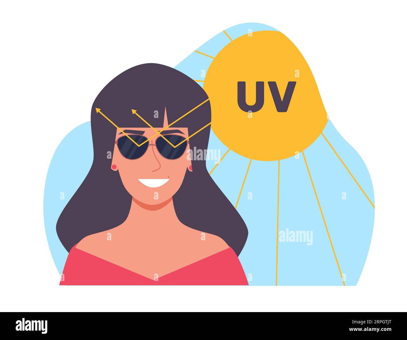 Sunglasses on woman protect her eyes from ultraviolet, UVA UVB light. Happy woman in black glasses with uv protection. Polarized lenses. Cartoon flat Stock Vector