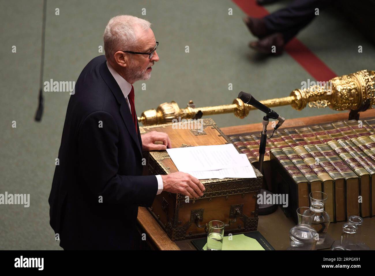 191023 -- LONDON, Oct. 23, 2019 Xinhua -- British Labour Party Leader Jeremy Corbyn attends the Prime Minister s Questions at the House of Commons in London, Britain, on Oct. 23, 2019. British Prime Minister Boris Johnson said Wednesday that he still wants Britain to leave the European Union EU on Oct. 31, despite losing a vital vote on Tuesday night that derailed his strategy. Jessica Taylor/UK Parliament/Handout via Xinhua HOC MANDATORY CREDIT: UK Parliament/Jessica Taylor BRITAIN-LONDON-PMQ PUBLICATIONxNOTxINxCHN Stock Photo
