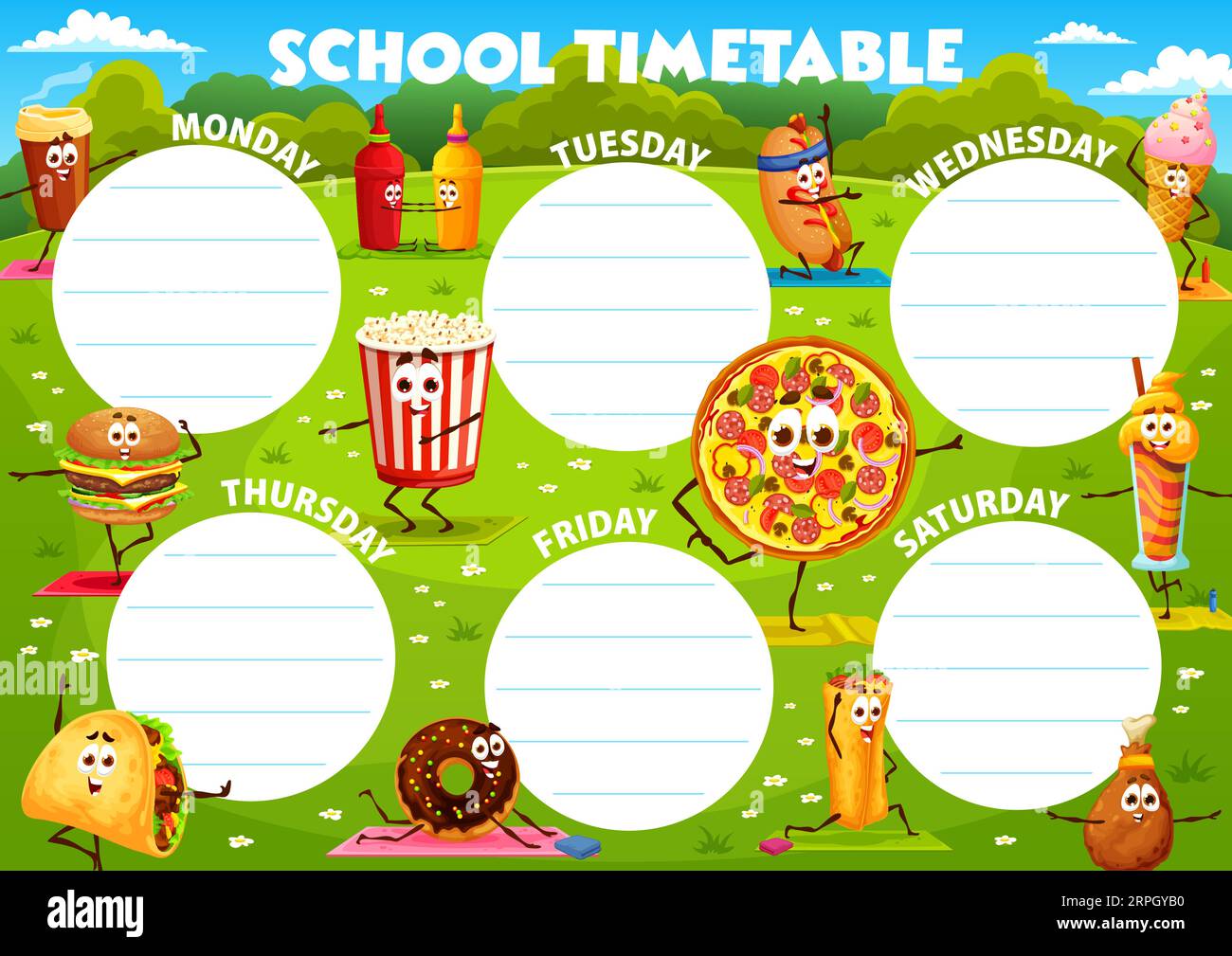 Education timetable schedule, cartoon fast food yoga characters, vector
