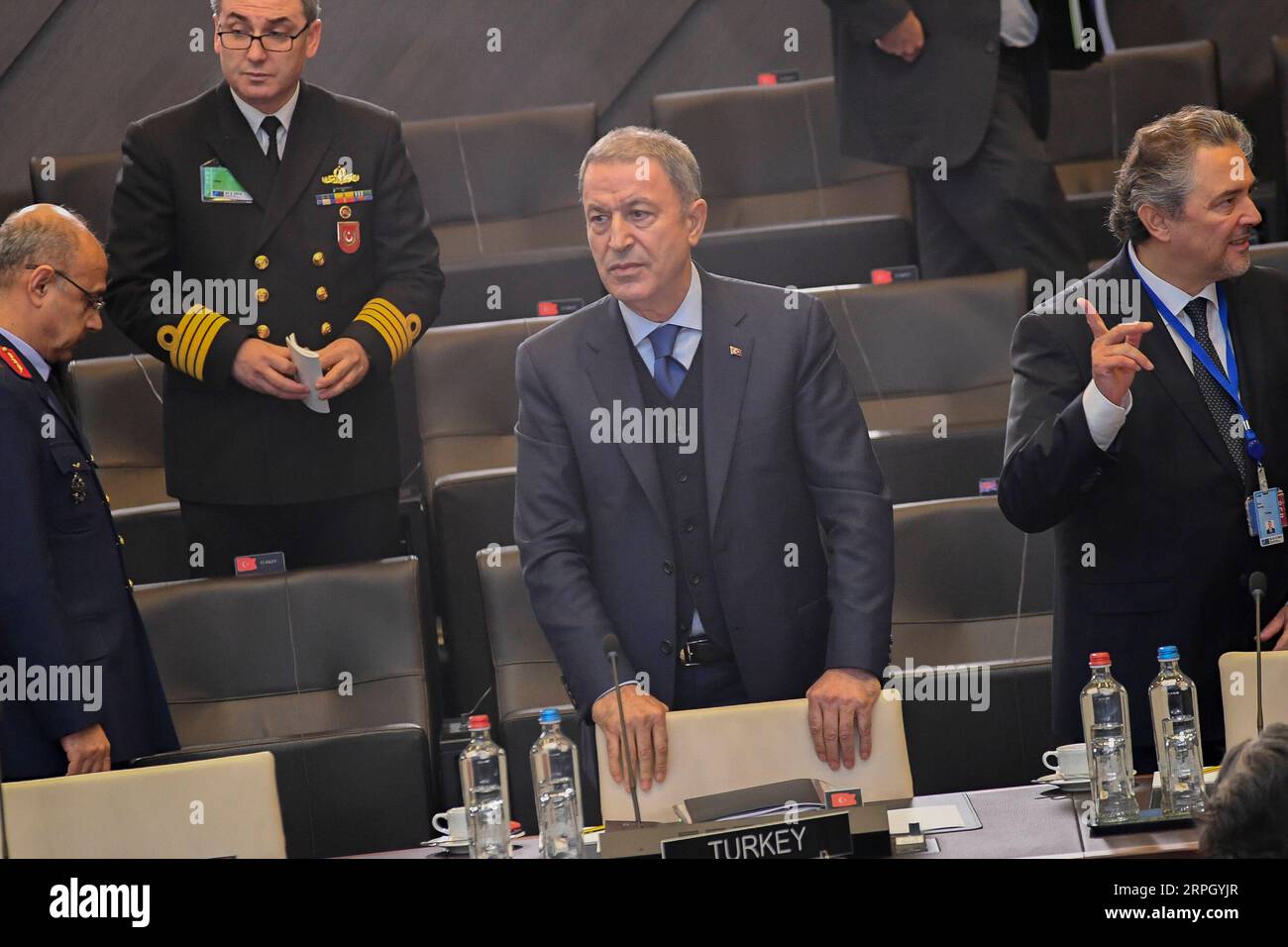 191024 -- BRUSSELS, Oct. 24, 2019 -- Turkish Defense Minister Hulusi Akar C attends the Meeting of the North Atlantic Council in Defense Ministers session at the NATO headquarters in Brussels, Belgium, on Oct. 24, 2019. Photo by /Xinhua BELGIUM-BRUSSELS-NATO-DM-MEETING RICCARDOxPAREGGIANI PUBLICATIONxNOTxINxCHN Stock Photo