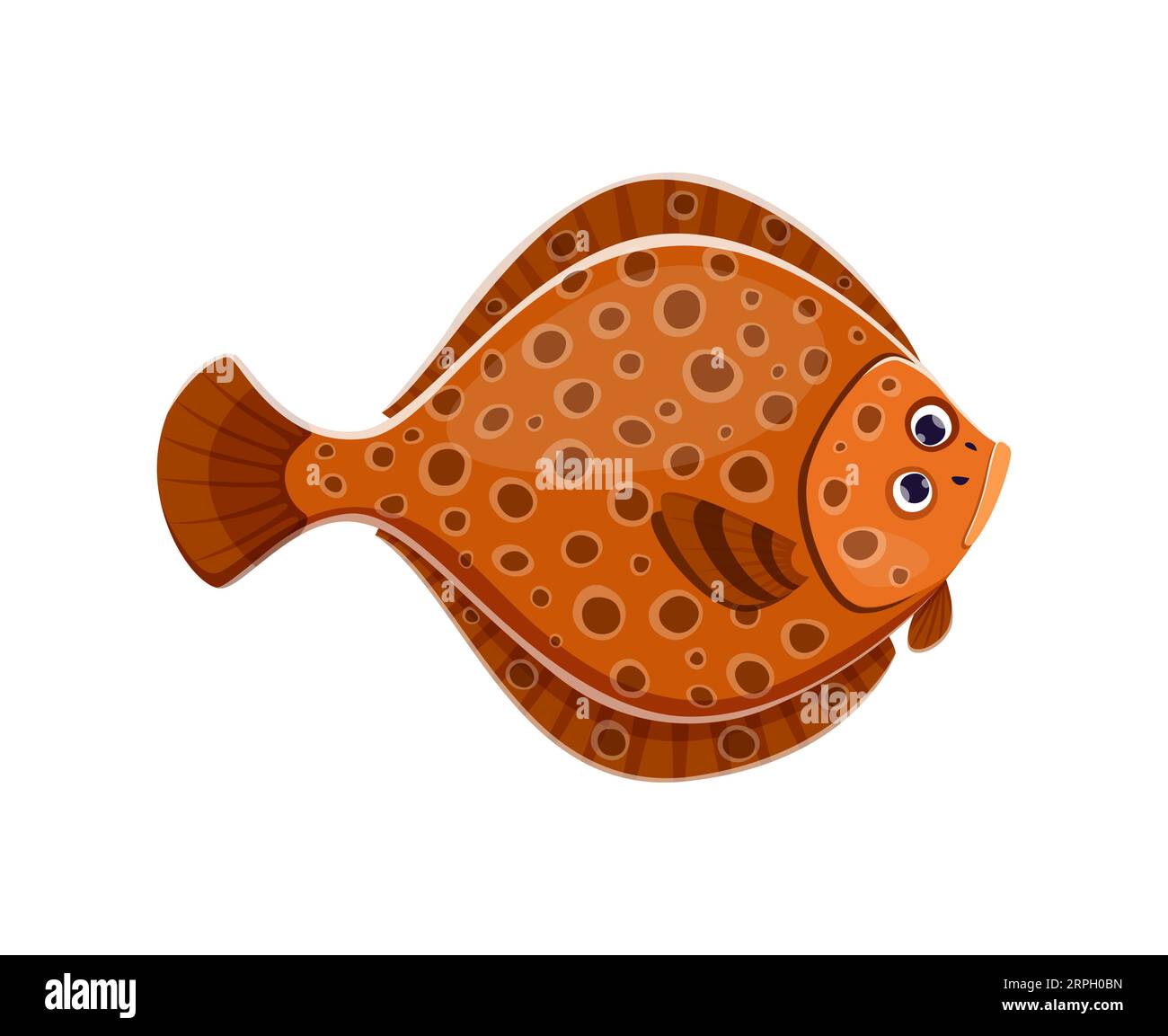 Cartoon flounder fish character. Isolated vector flat-bodied plaice marine creature with both eyes on one side of head. Master of camouflage, blending seamlessly with their surroundings to ambush prey Stock Vector
