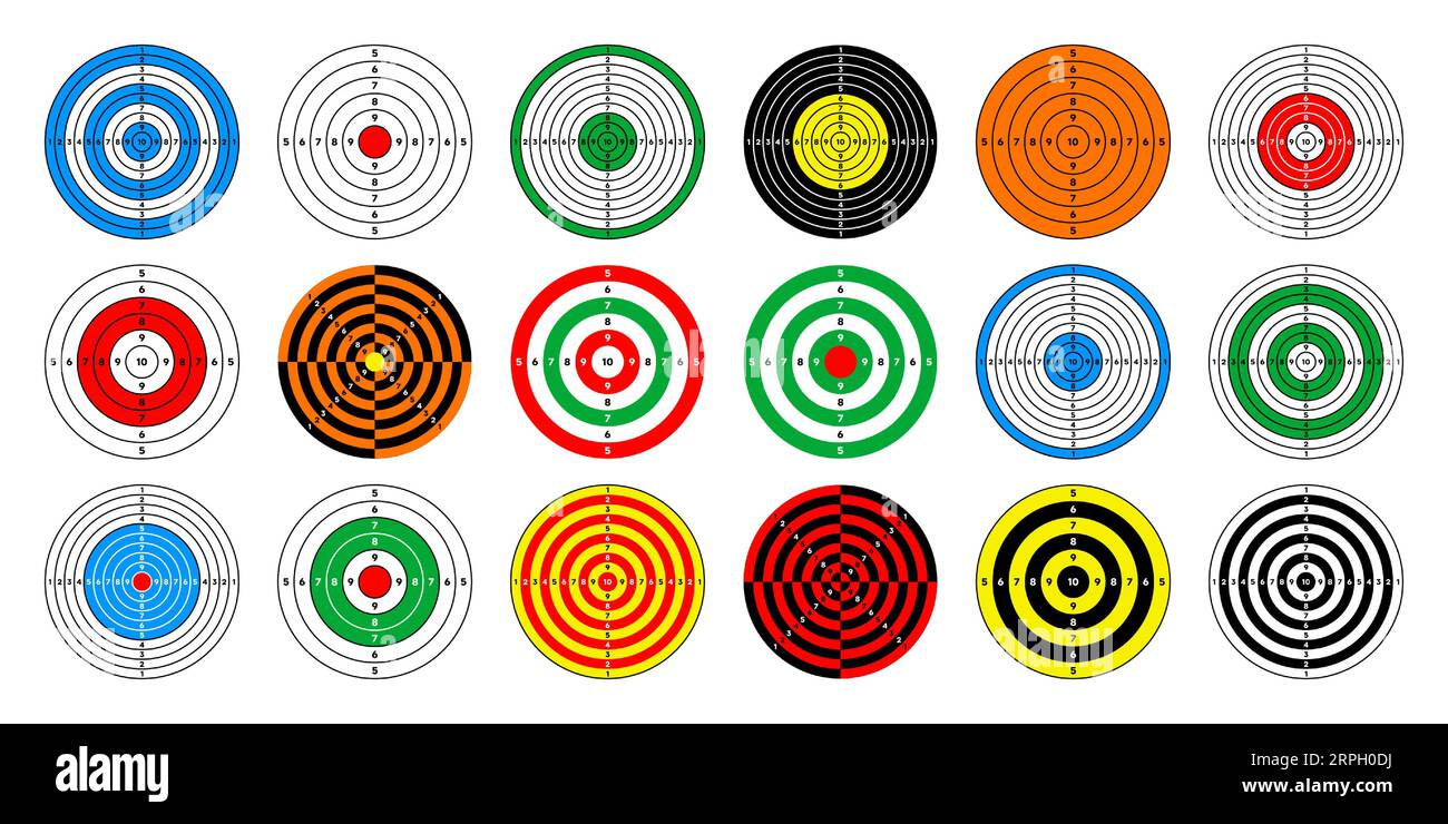 Shooting range paper targets. Round target with divisions, marks and numbers. Archery, gun shooting practise and training, sport competition and Stock Vector