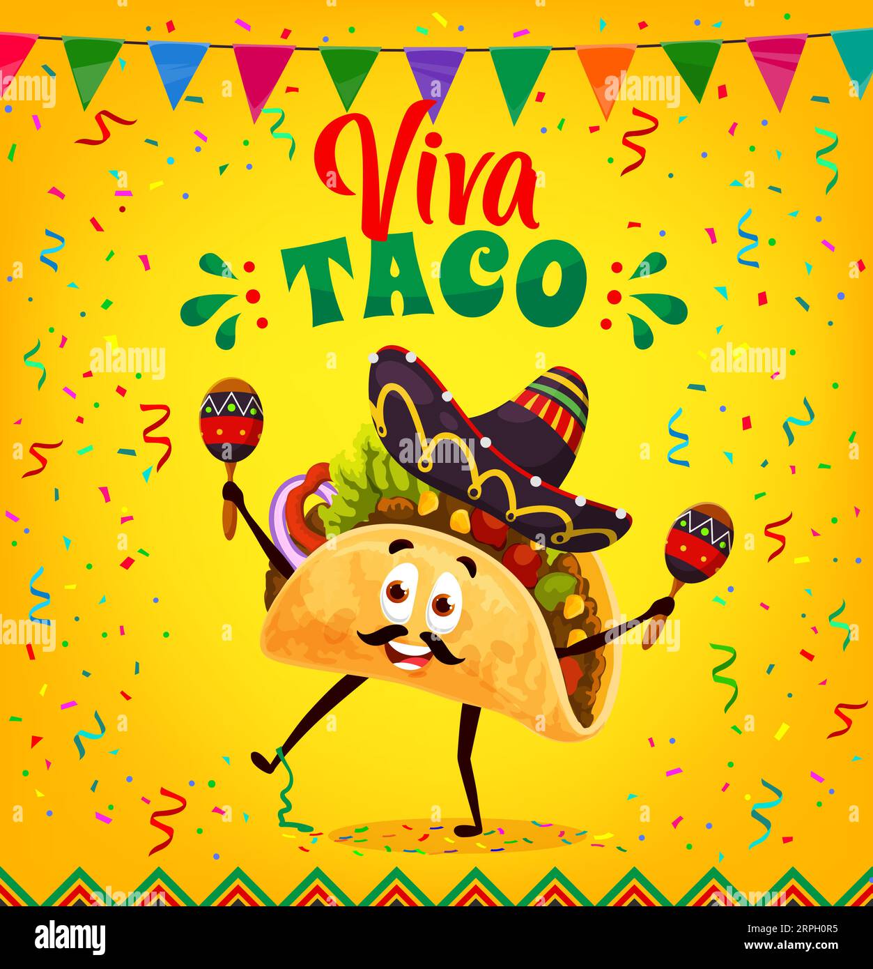 Cartoon mexican tacos character in sombrero hat with maracas. Tacos day
