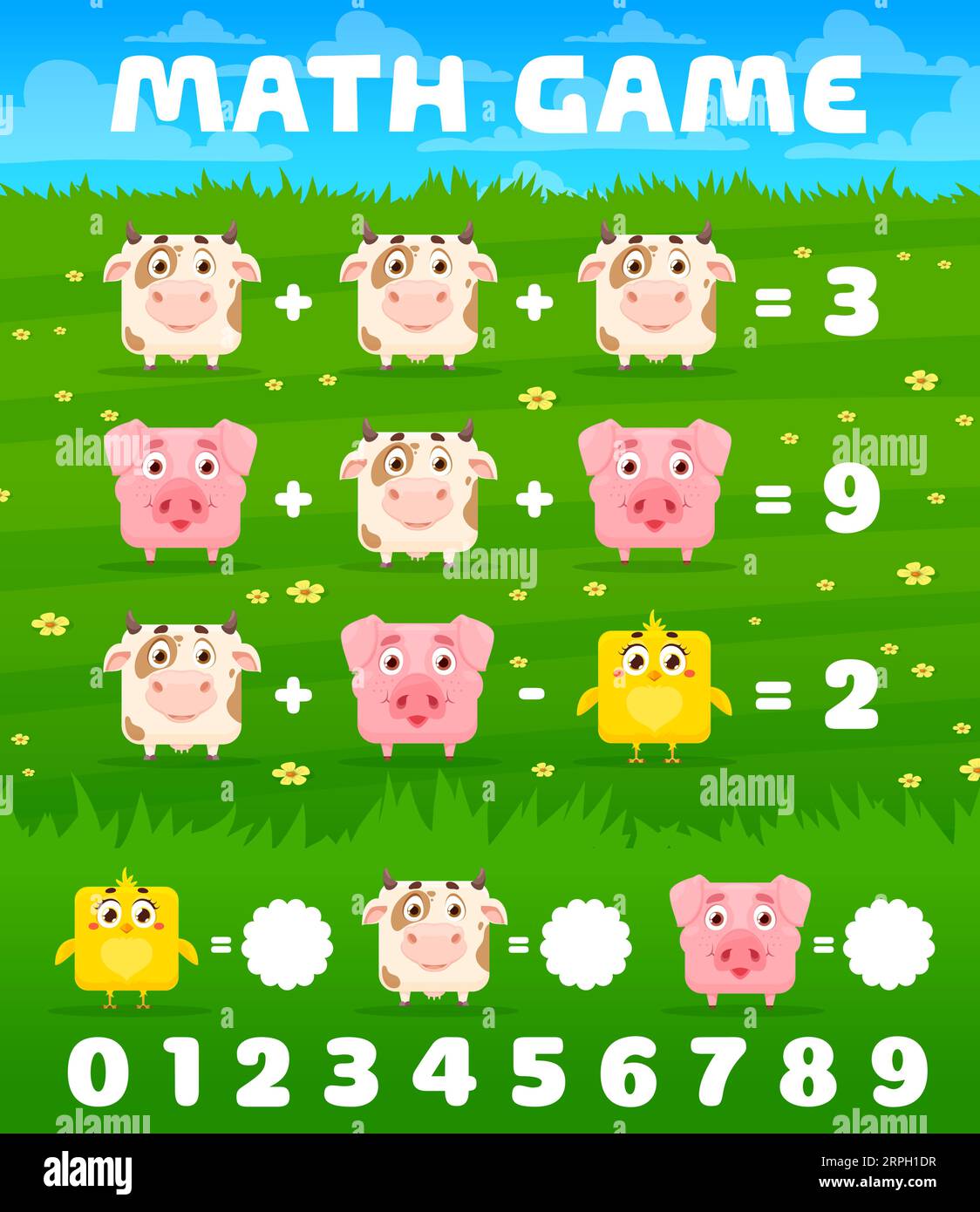 Cartoon square cow, pig and chicken characters math game worksheet