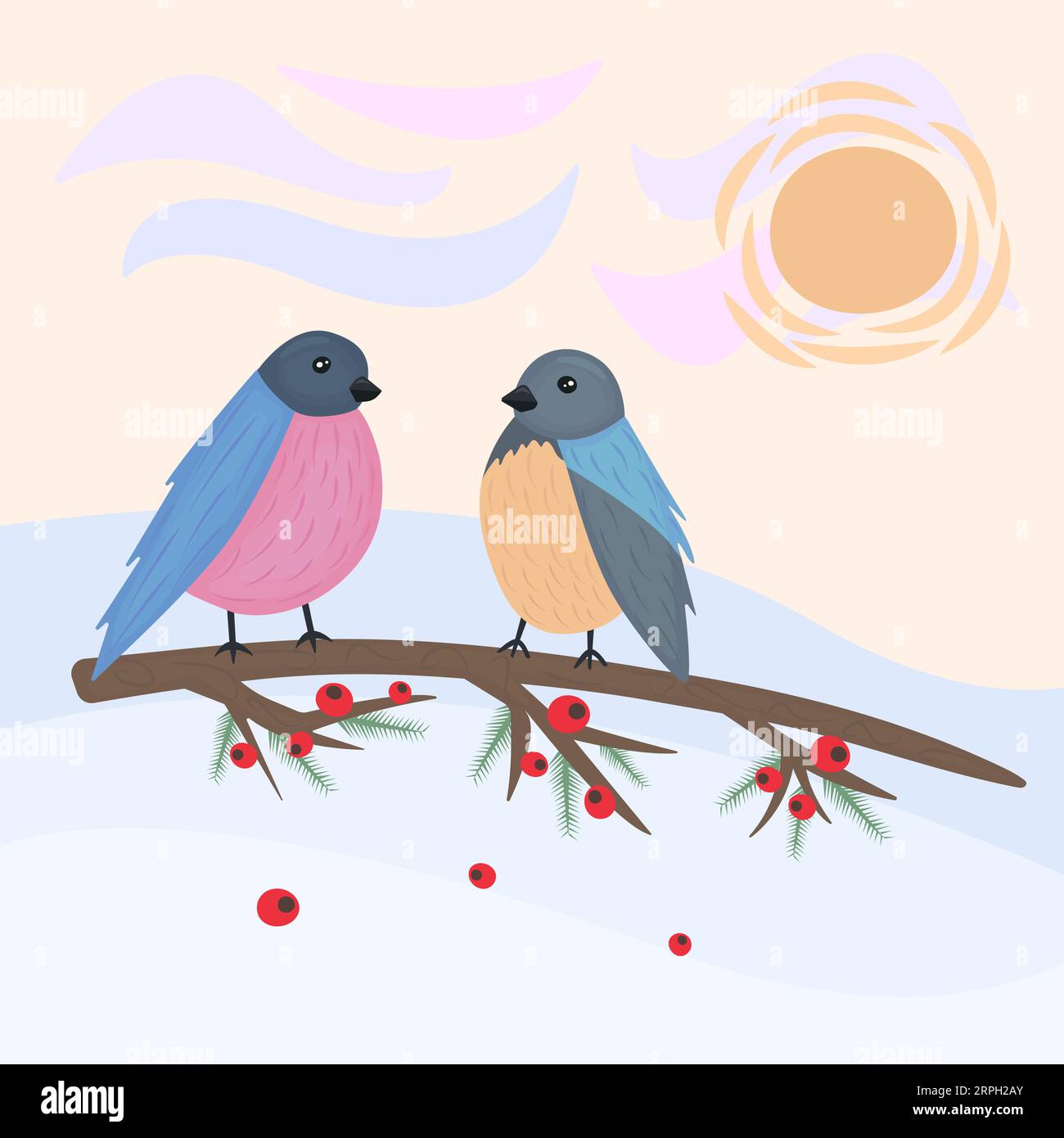 Birds on the tree branch, bullfinch and titmouse on the twig Stock Vector