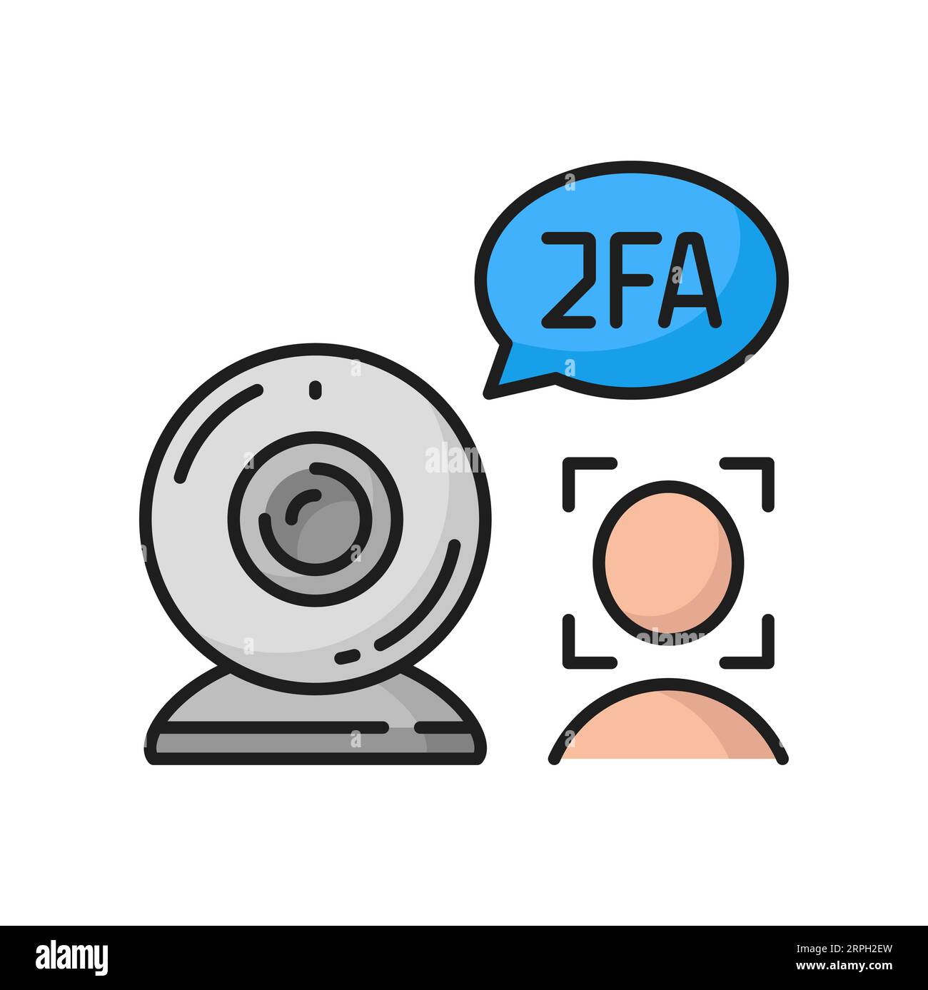 2FA two factor verification on camera, face check color icon. Vector secure password verification with two-factor authentication and face id scan Stock Vector