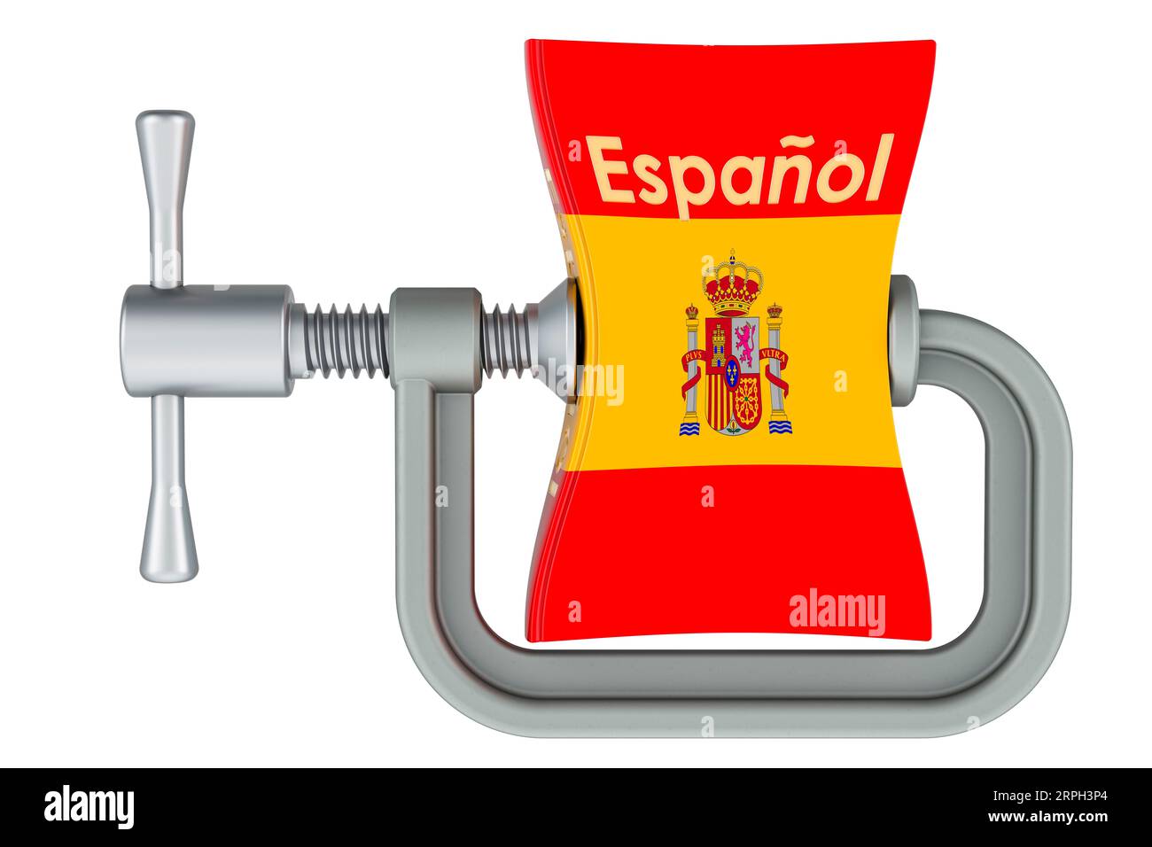 Spanish language textbook squeezed in a clamp. Intensive course of Spanish language, concept. 3D