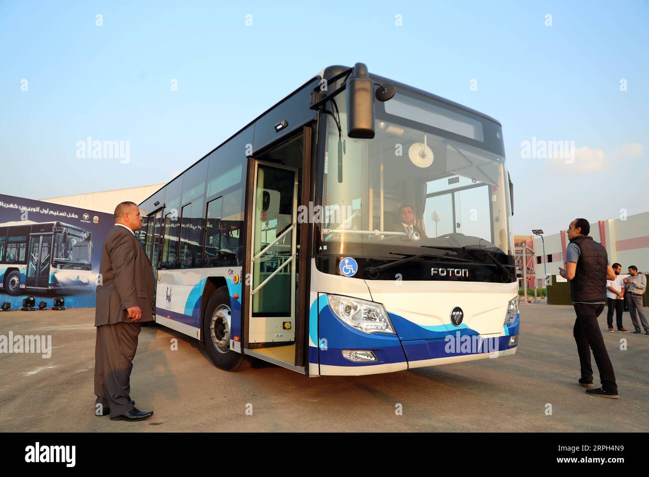 191029 -- SALAM CITY EGYPT, Oct. 29, 2019 Xinhua -- A Foton electric bus is seen in Salam City, east of Cairo, capital of Egypt, on Oct. 29, 2019. Egypt s Ministry of Military Production and China s vehicle manufacturer Foton Motor celebrated on Tuesday the launch of a new project for jointly manufacturing electric buses in Egypt. During a ceremony in Salam City, both sides also celebrated the delivery of Foton s first batch of two electric buses for Egypt. Xinhua/Ahmed Gomaa EGYPT-SALAM CITY-CHINA-FOTON MOTOR-ELECTRIC BUSES PUBLICATIONxNOTxINxCHN Stock Photo