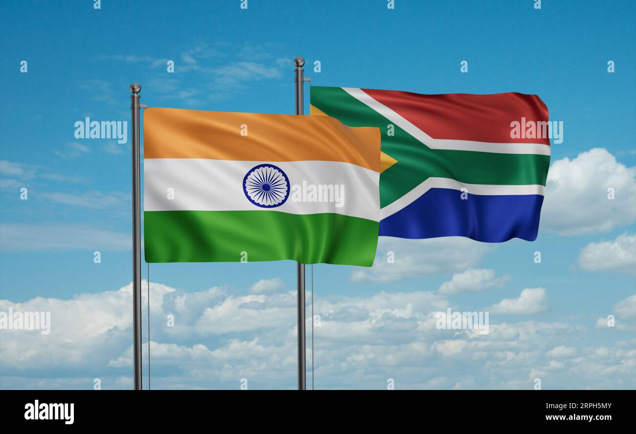 Republic of South Africa and India flag waving together in the wind on ...