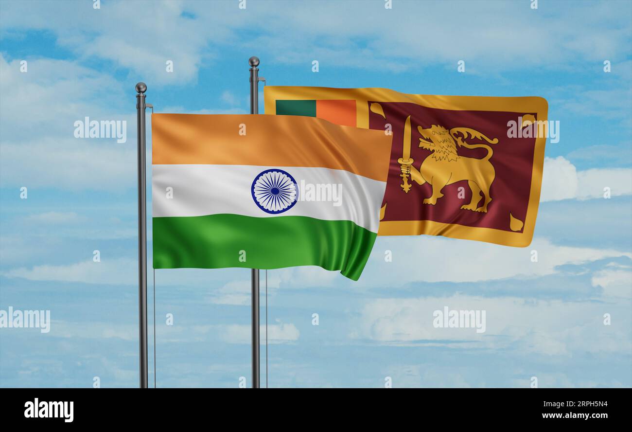 Sri Lanka and India flag waving together in the wind on blue sky, two ...
