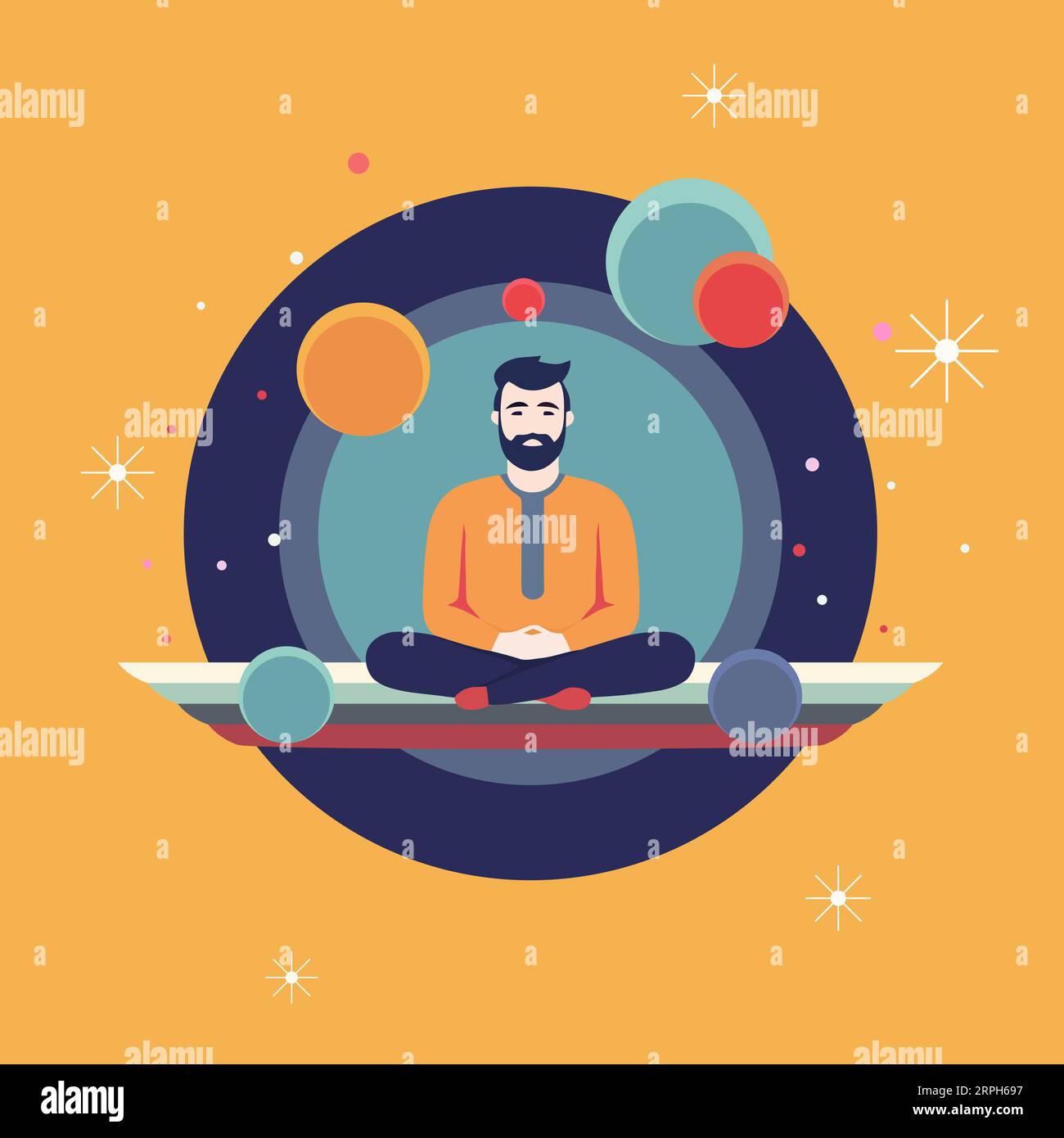 Man with beard in Yoga lotus pose, concept art, minimalist flat design, isolated from background, creative vector illustration. Stock Vector