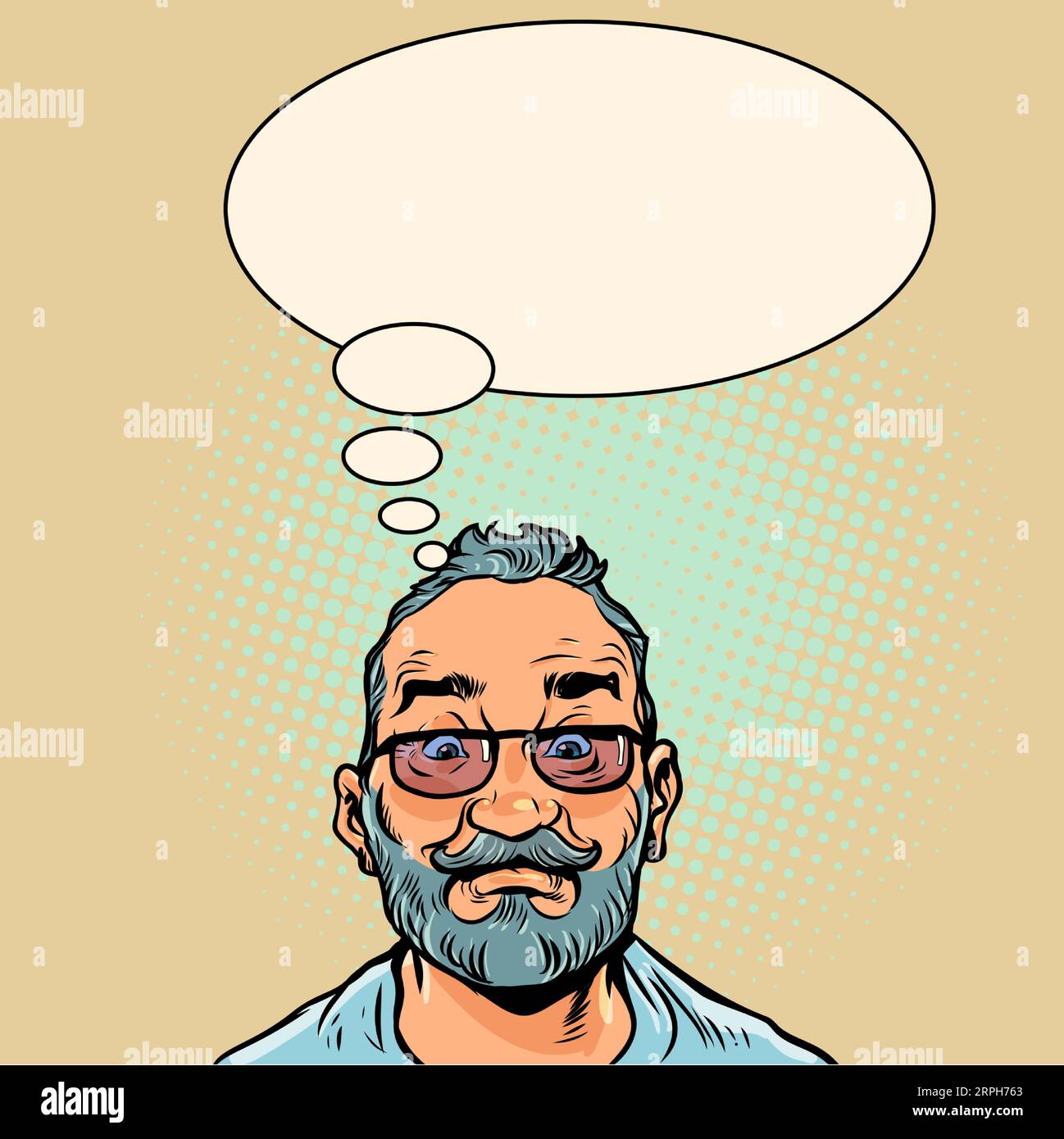 Thinking about potential benefits. The customer is thinking about buying. An adult man with a beard in glasses is thinking about something. Pop Art Stock Vector