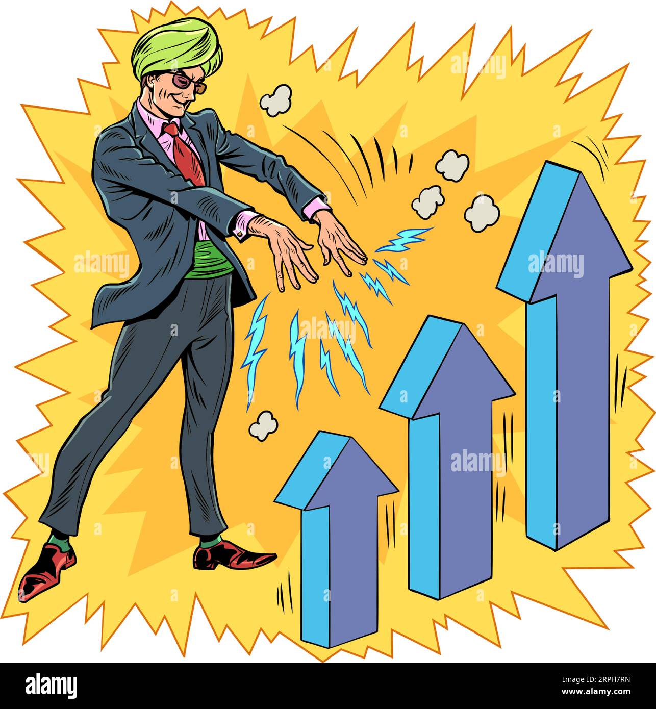 Financial swindlers and sorcerers. Manipulations with stocks and investments. A man in a turban and a suit affects the growth of the graph. Pop Art Stock Vector