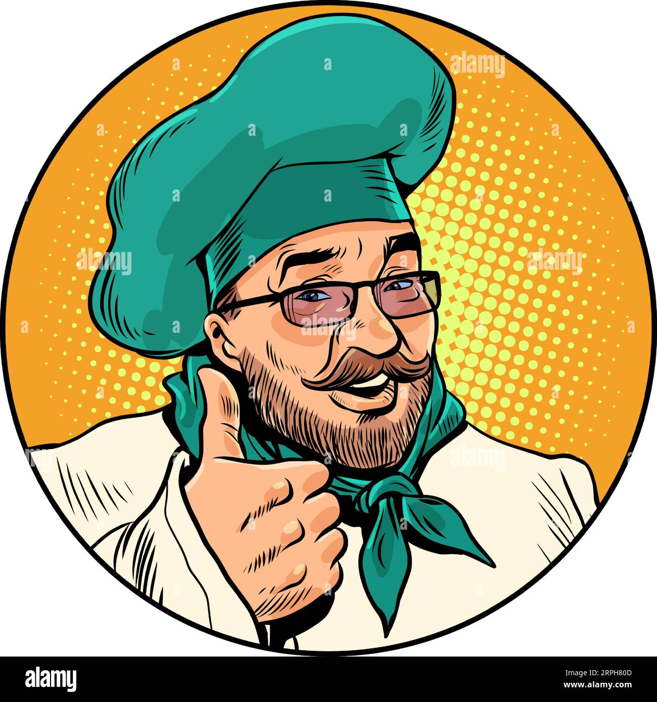 Chef's recommendation. Logo for a restaurant. A man with a beard and glasses in the form of a cook shows a thumbs up. Pop Art Retro Stock Vector
