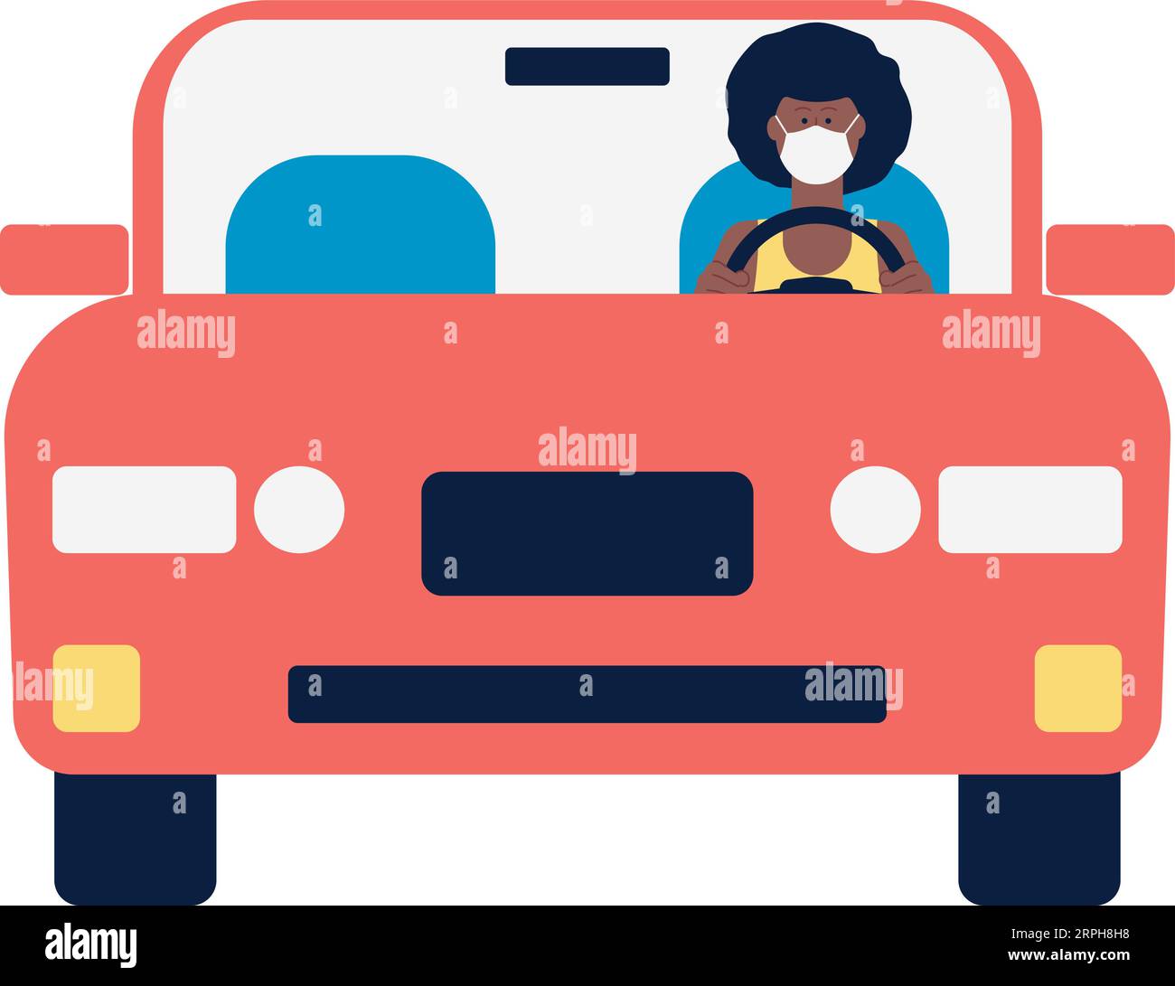 Car front view with black woman in mask driving Stock Vector Image