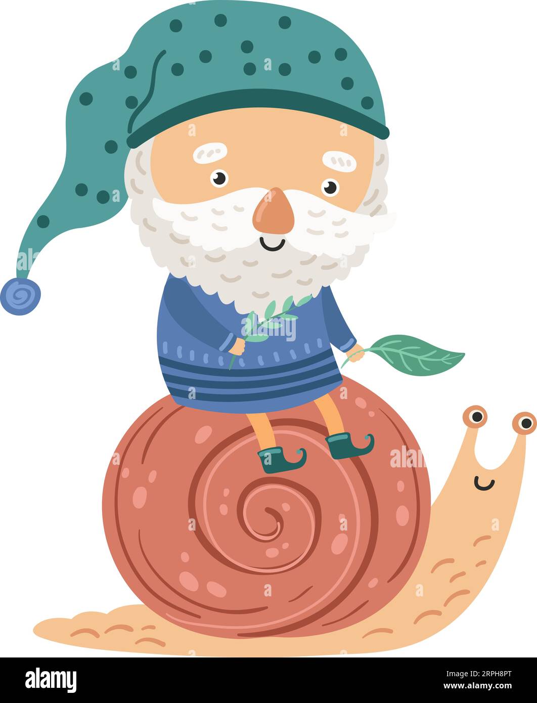 Gnome riding snail. Cute fairytale magic character Stock Vector