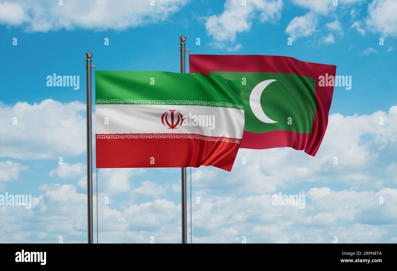 Maldives flag and Iran flag waving together on blue sky, two country ...