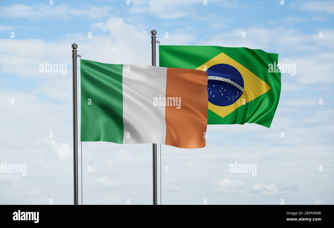 Brazil flag and Ireland flag waving together on blue sky, two country ...