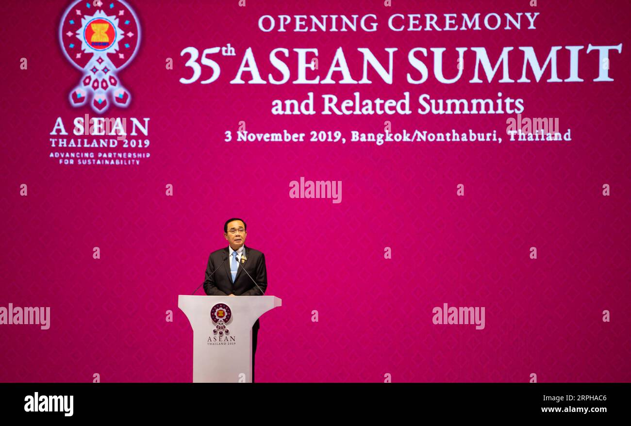 191103 -- BANGKOK, Nov. 3, 2019 -- Thai Prime Minister Prayut Chan-o-cha addresses the opening ceremony of the 35th summit of the Association of Southeast Asian Nations ASEAN and the related summits in Bangkok, Thailand, Nov. 3, 2019. The 35th ASEAN Summit and related summits kicked off here on Sunday with multilateralism and connectivity taking the center stage.  THAILAND-BANGKOK-ASEAN SUMMIT-OPENING CEREMONY ZhangxKeren PUBLICATIONxNOTxINxCHN Stock Photo